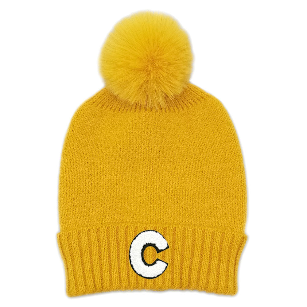 iLLASPARKZ -C- Monogram Faux Fur Pom Pom Knit Beanie Hat