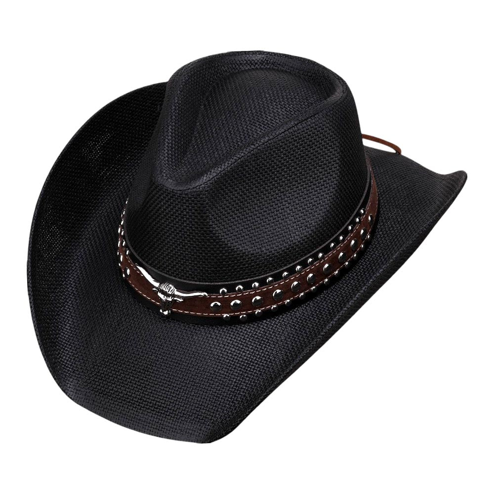 iLLASPARKZ Metal Steer Head Studded Faux Leather Band Western Straw Cowboy Fedora Hat
