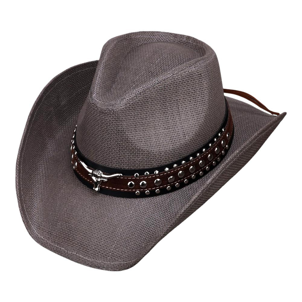 iLLASPARKZ Metal Steer Head Studded Faux Leather Band Western Straw Cowboy Fedora Hat