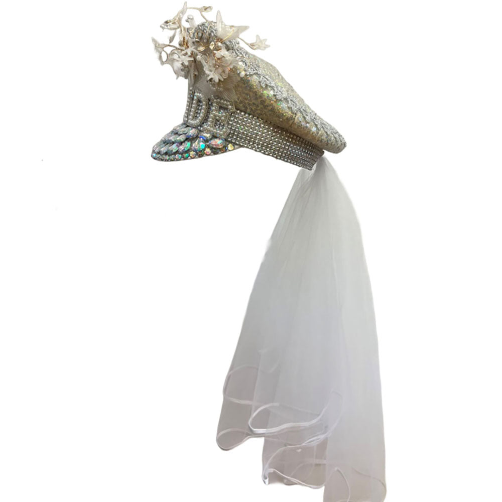 iLLASPARKZ Pearl BRIDE Lettering Rhinestone Floral Embellished Bridal Cowboy Veil Hat