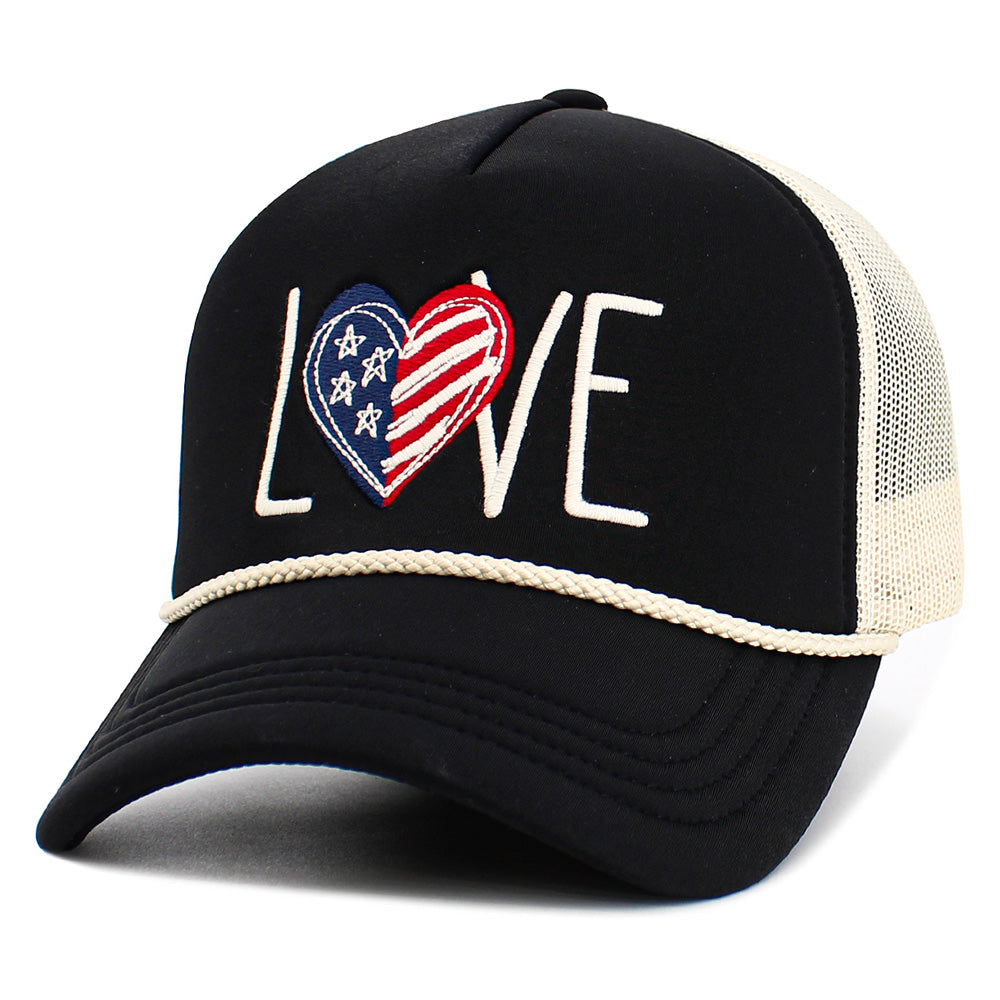 iLLASPARKZ LOVE Message Heart American USA Flag Embroidered Mesh Back Trucker Hat