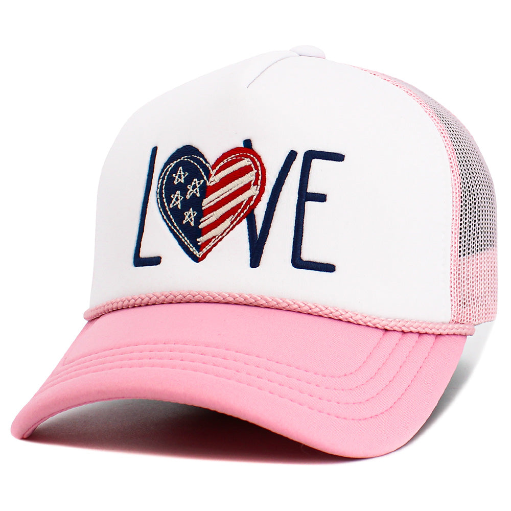 iLLASPARKZ LOVE Message Heart American USA Flag Embroidered Mesh Back Trucker Hat
