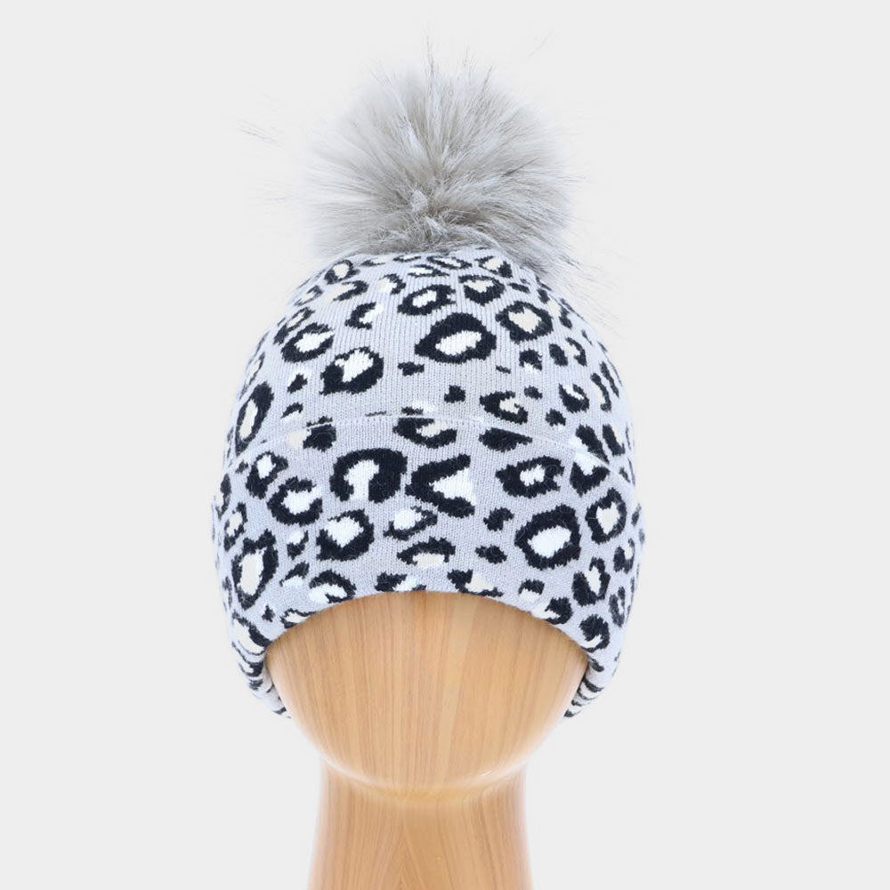 iLLASPARKZ Cheetah Print Double Layered Pom Pom Beanie Hat