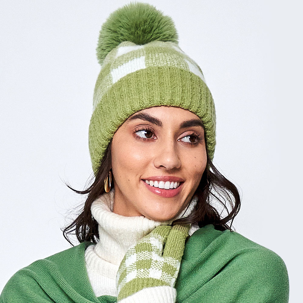 iLLASPARKZ Buffalo Check Patterned Faux Fur Pom Pom Beanie Hat