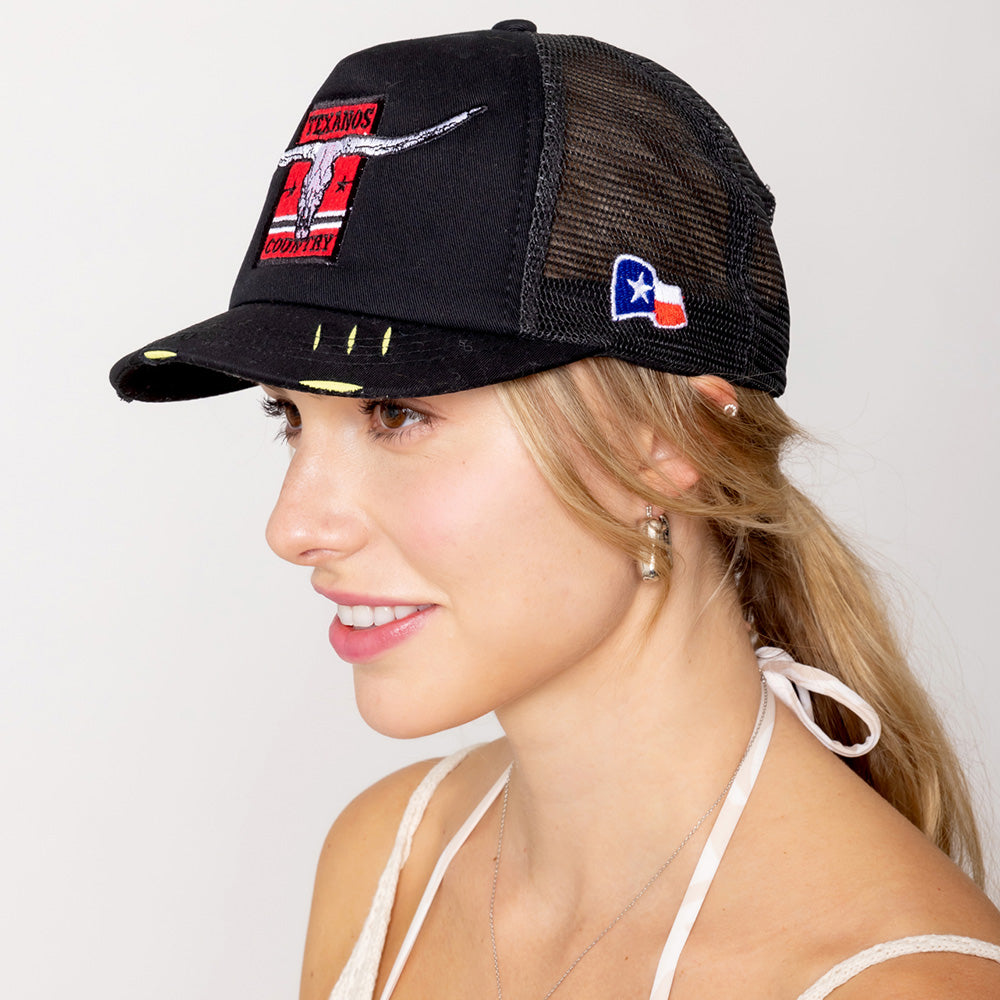 iLLASPARKZ TEXANOS COUNTRY Message Texas Steer Head Embroidered Mesh Back Trucker Hat