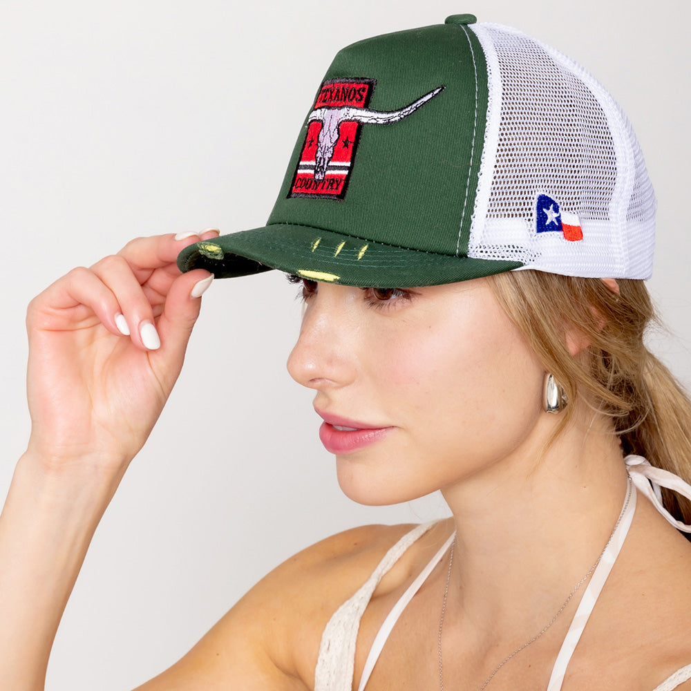 iLLASPARKZ TEXANOS COUNTRY Message Texas Steer Head Embroidered Mesh Back Trucker Hat