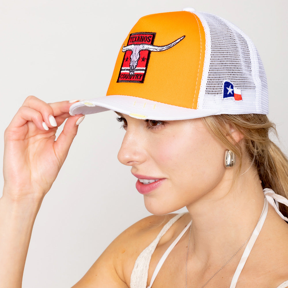 iLLASPARKZ TEXANOS COUNTRY Message Texas Steer Head Embroidered Mesh Back Trucker Hat