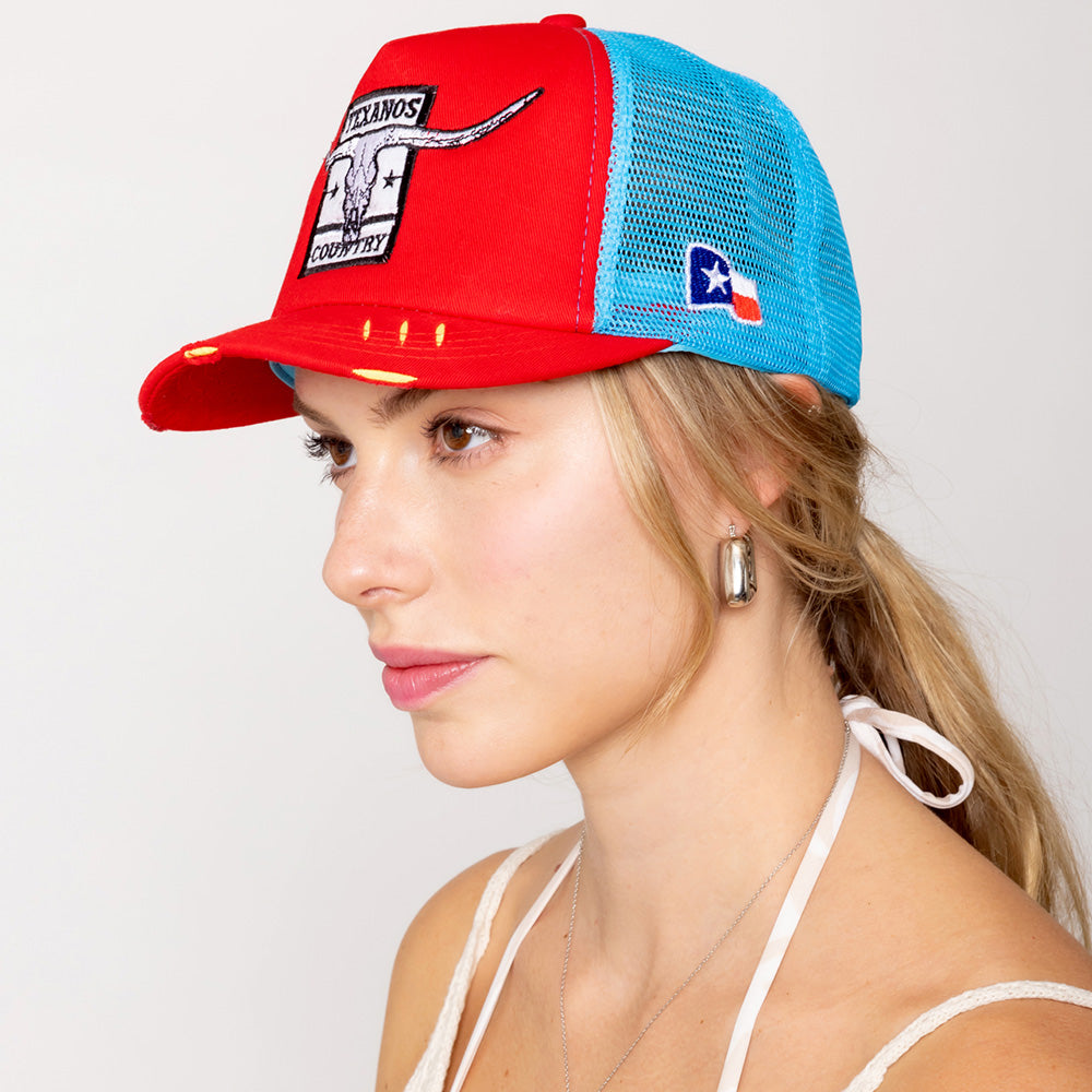 iLLASPARKZ TEXANOS COUNTRY Message Texas Steer Head Embroidered Mesh Back Trucker Hat
