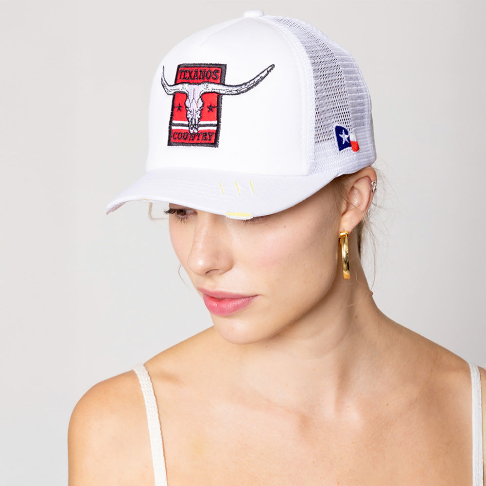 iLLASPARKZ TEXANOS COUNTRY Message Texas Steer Head Embroidered Mesh Back Trucker Hat