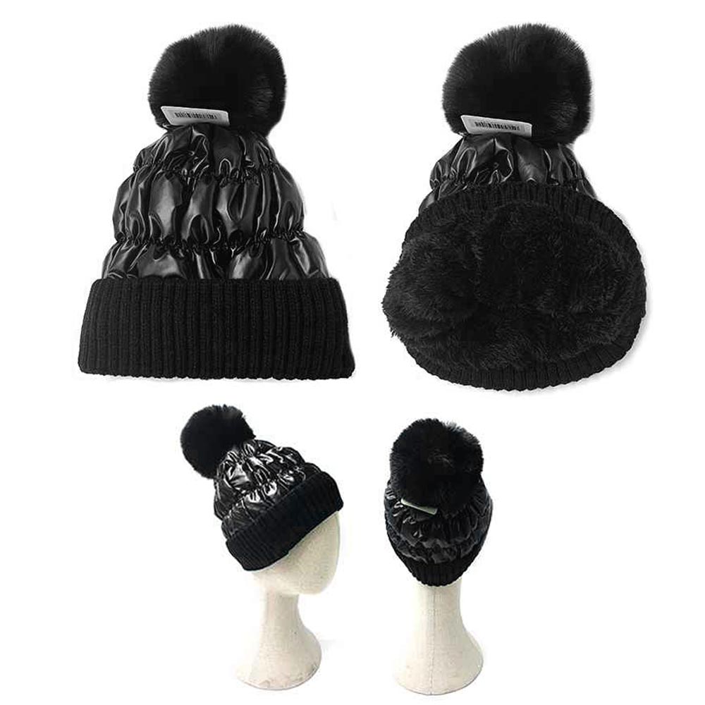 iLLASPARKZ Fleece Lining Puffer Knit Pom Pom Beanie Hat