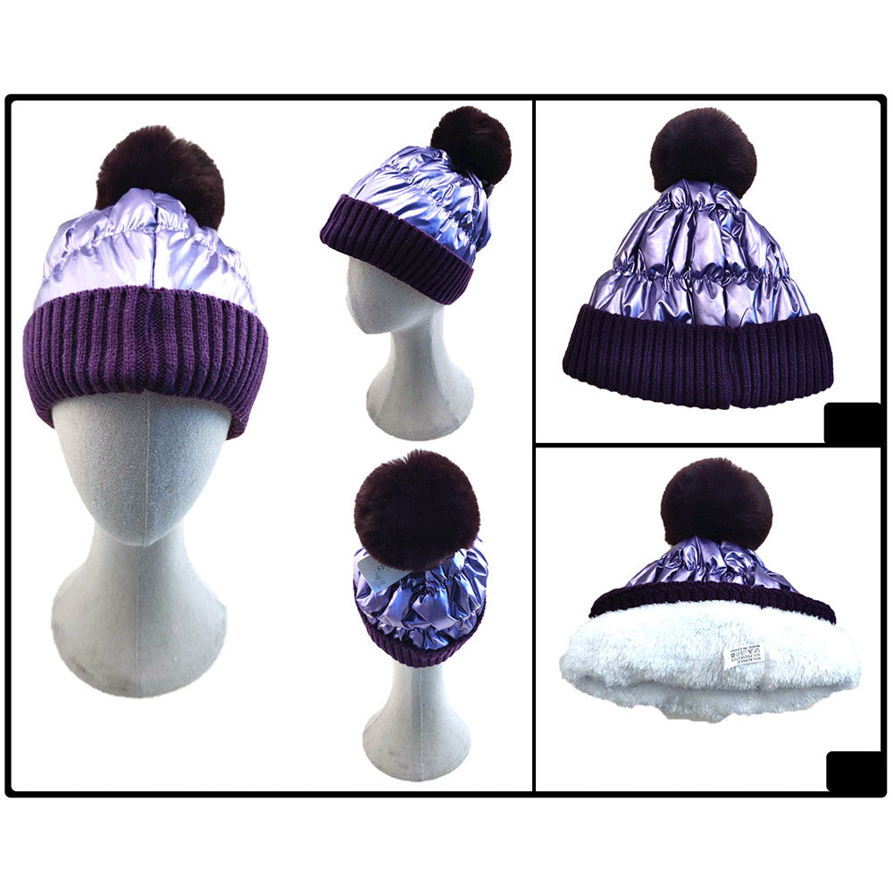 iLLASPARKZ Fleece Lining Puffer Knit Pom Pom Beanie Hat