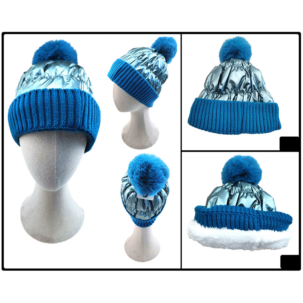 iLLASPARKZ Fleece Lining Puffer Knit Pom Pom Beanie Hat