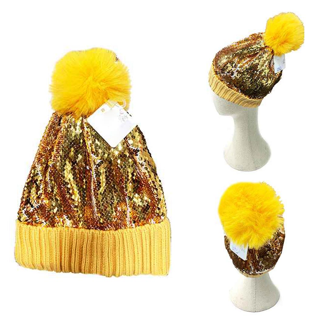 iLLASPARKZ Sequin Knit Pom Pom Beanie Hat