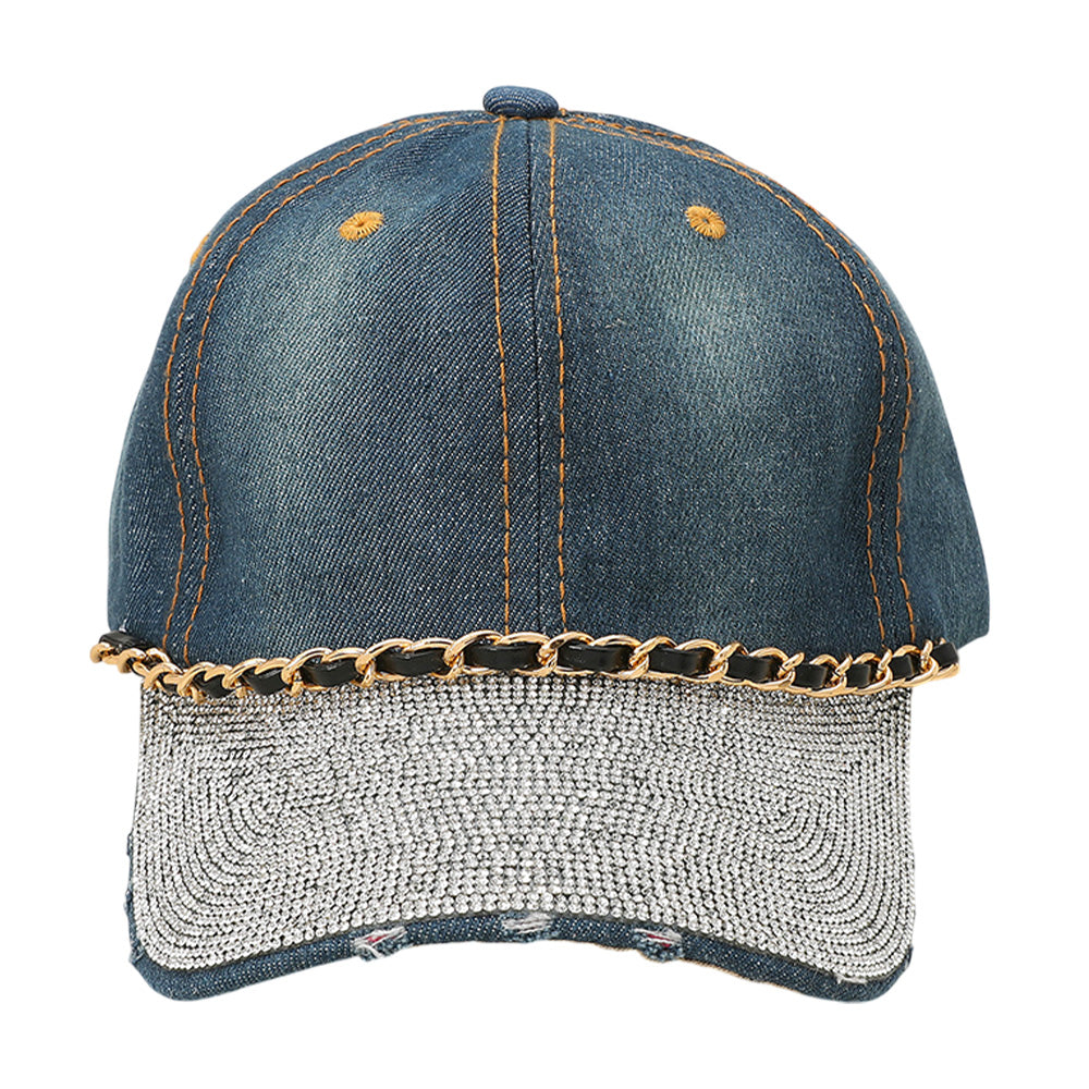iLLASPARKZ Chain Detail Bling Studded Brim Denim Vintage Baseball Cap
