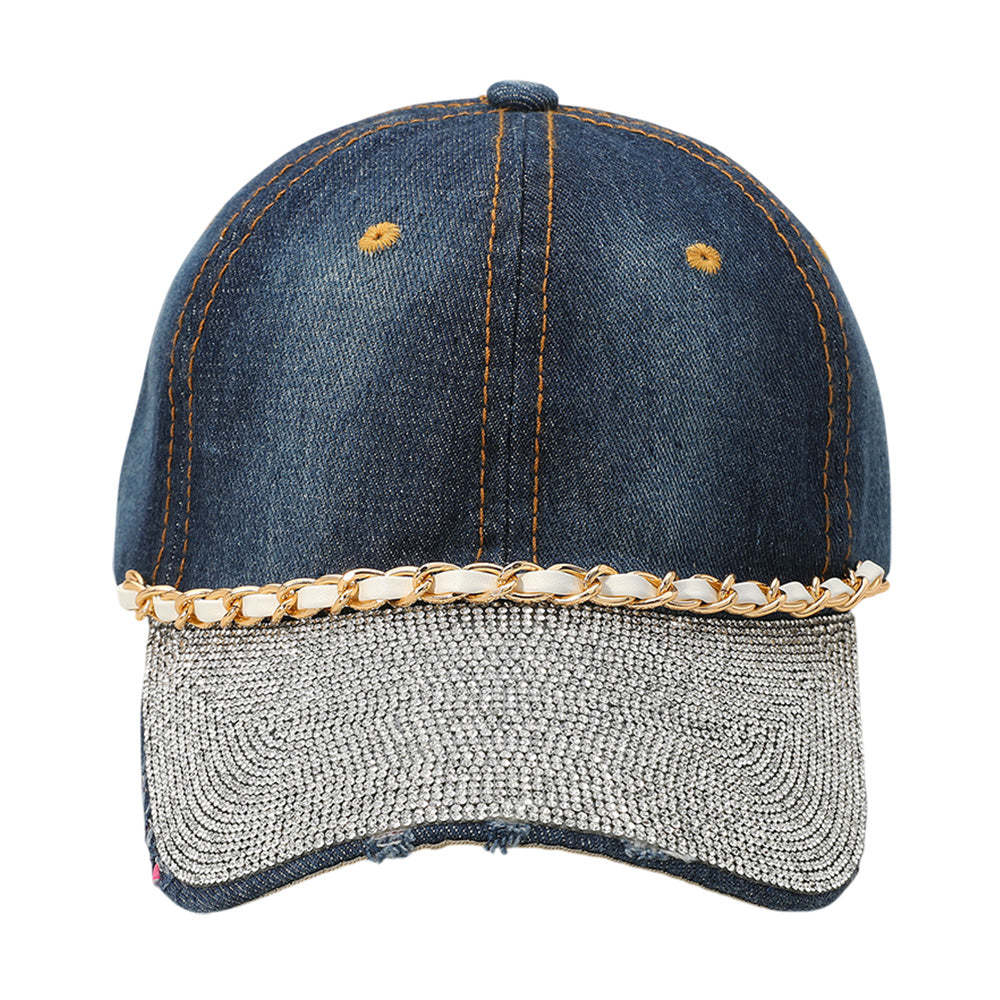 iLLASPARKZ Chain Detail Bling Studded Brim Denim Vintage Baseball Cap