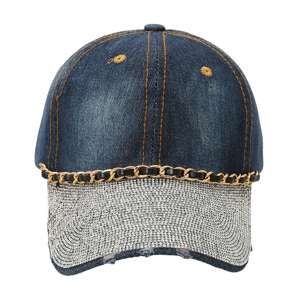 iLLASPARKZ Chain Detail Bling Studded Brim Denim Vintage Baseball Cap