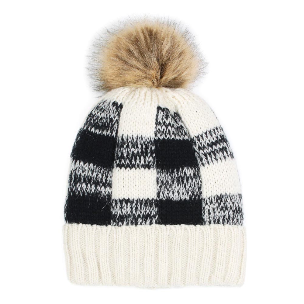 iLLASPARKZ Buffalo Check Pattern Faux Pom Pom Knit Beanie Hat
