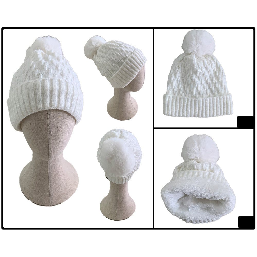 iLLASPARKZ Fleece Lining Solid Knit Faux Fur Pom Pom Beanie Hat