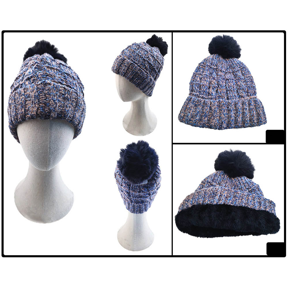 iLLASPARKZ Fleece Lining Mixed Color Knit Faux Fur Pom Pom Beanie Hat