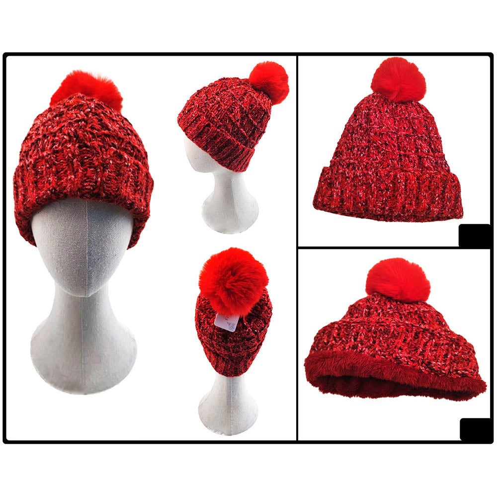 iLLASPARKZ Fleece Lining Mixed Color Knit Faux Fur Pom Pom Beanie Hat
