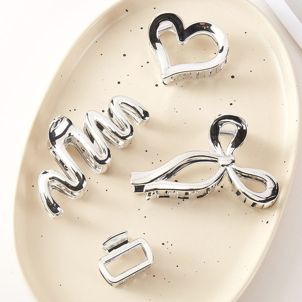 iLLASPARKZ 5PCS - Chrome Open Heart Bow Hair Claw Clips Stretchable Fabric Hairband Set