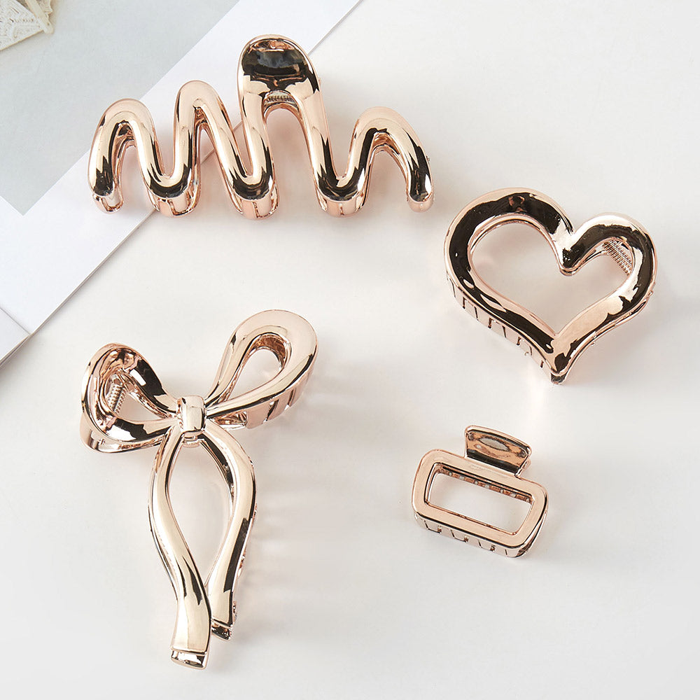 iLLASPARKZ 5PCS - Chrome Open Heart Bow Hair Clips Stretchable Fabric Hair band Set