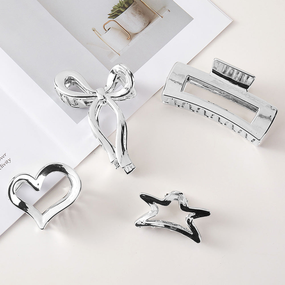 iLLASPARKZ 5PCS - Chrome Bow Heart Star Square Open Hair Claw Clips Stretchable Fabric Hairband Set