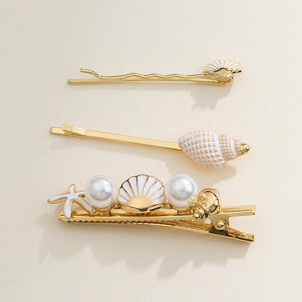 iLLASPARKZ 3PCS - Enamel Sea Shell Pearl Starfish Pointed Bobbi Pins Alligator Snap Hair Clips