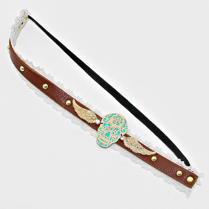 iLLASPARKZ Day of the Dead Mexican Sugar Skull & Wings Faux Leather Lace Stretch Headband