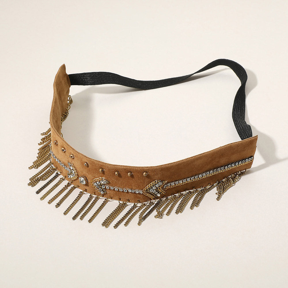 iLLASPARKZ Faux Suede Arrow Pattern Beaded Metal Fringe Chain Drop Stretch Headband