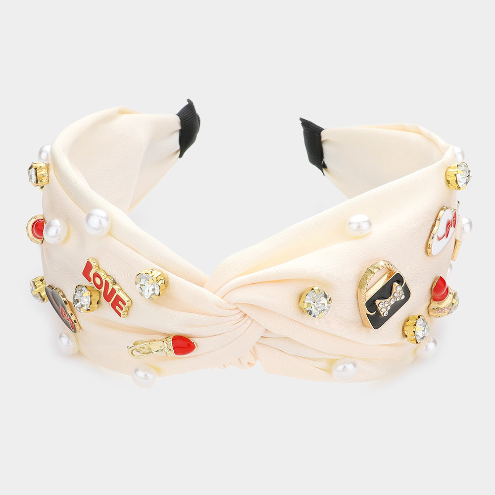 iLLASPARKZ Pearl Stone Bag Hat Lipstick Stiletto Heel Embellished Twisted Headband