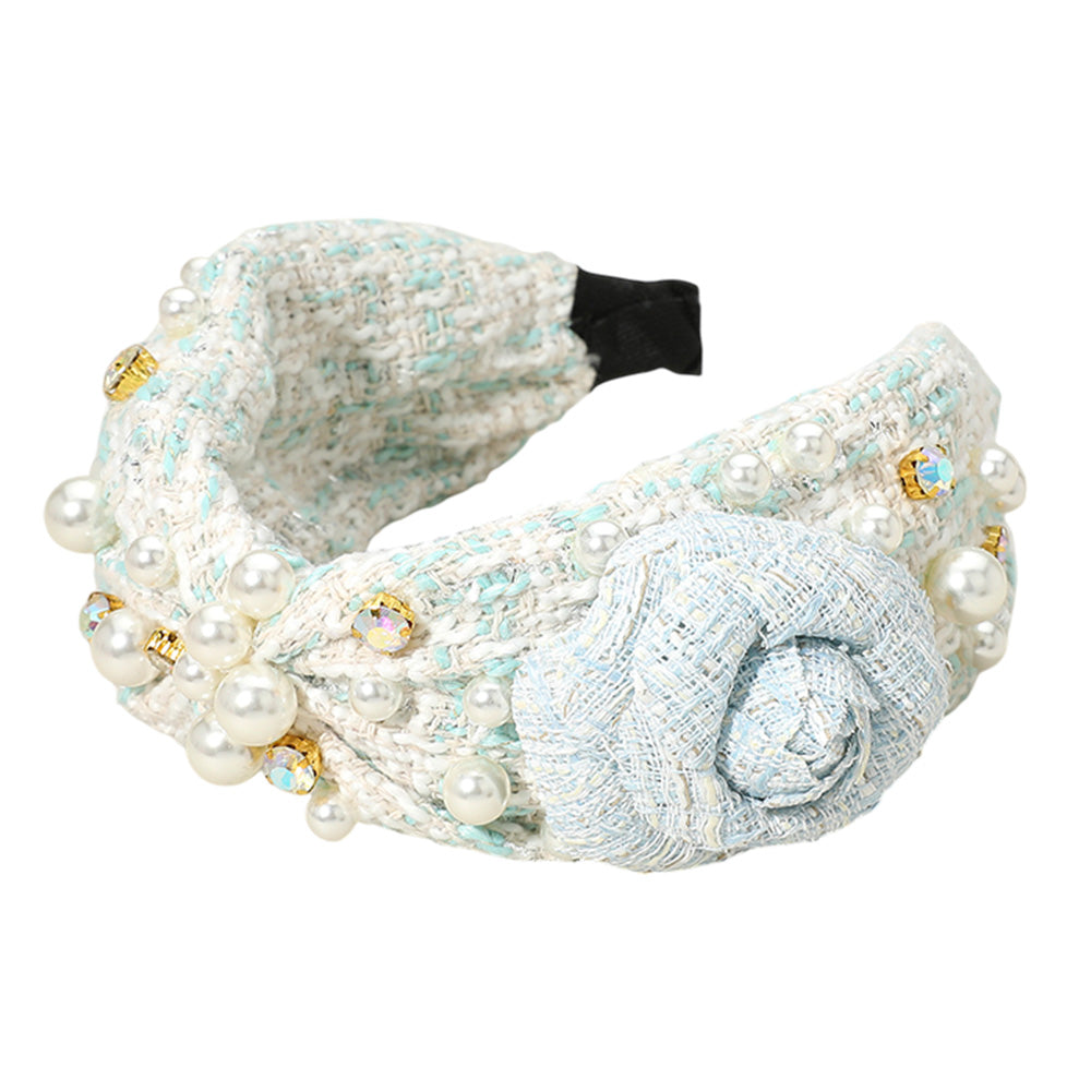 iLLASPARKZ Tweed Flower Pointed Stone Cluster Pearl Embellished Knot Headband