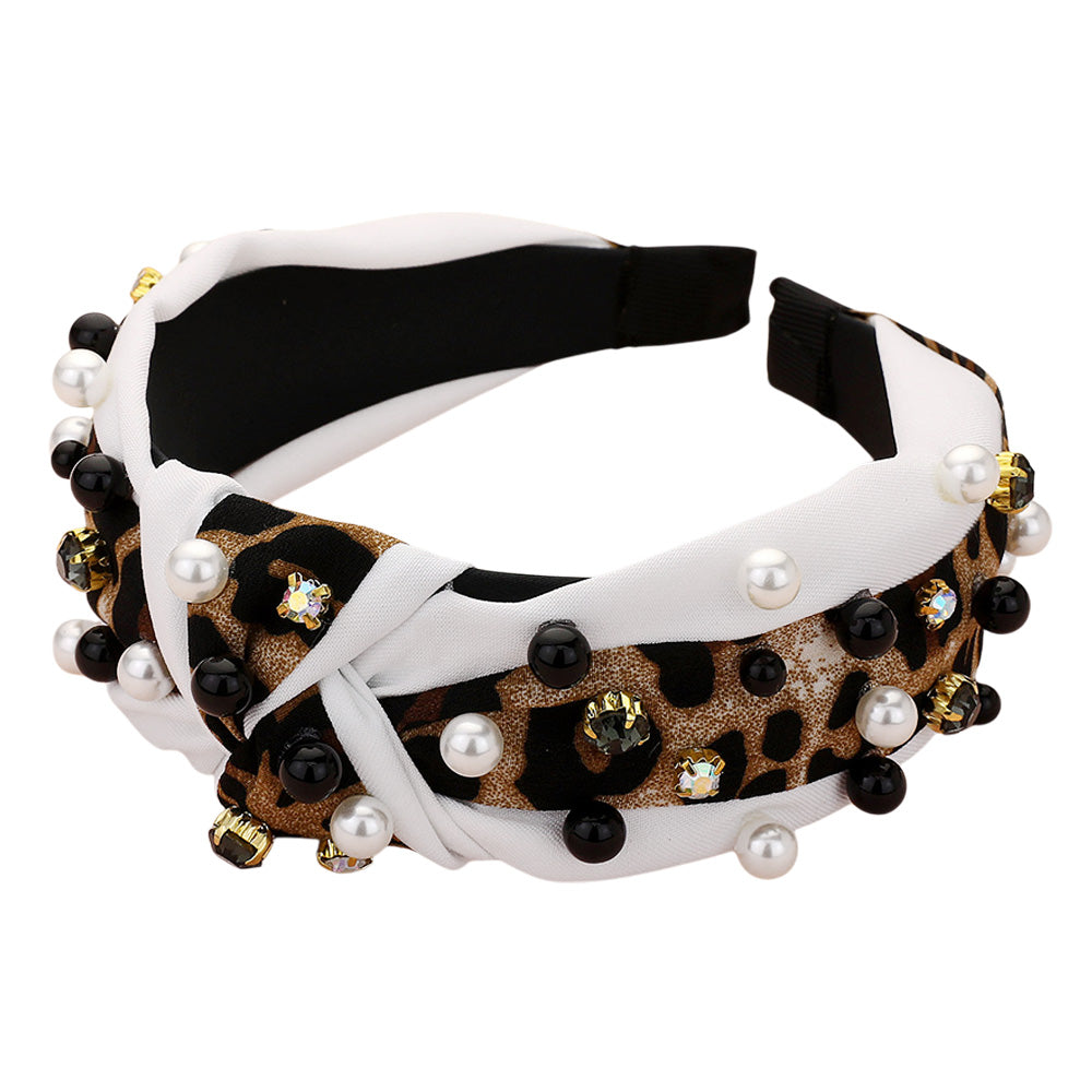 iLLASPARKZ Stone Pearl Ball Embellished Leopard Printed Knot Headband