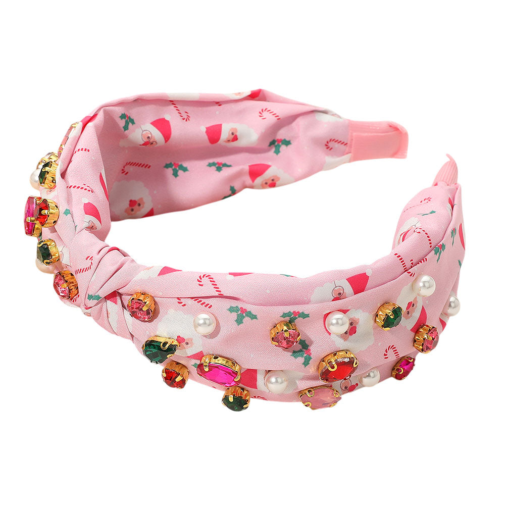 iLLASPARKZ Christmas Santa Printed Pearl Stone Cluster Embellished Knot Headband