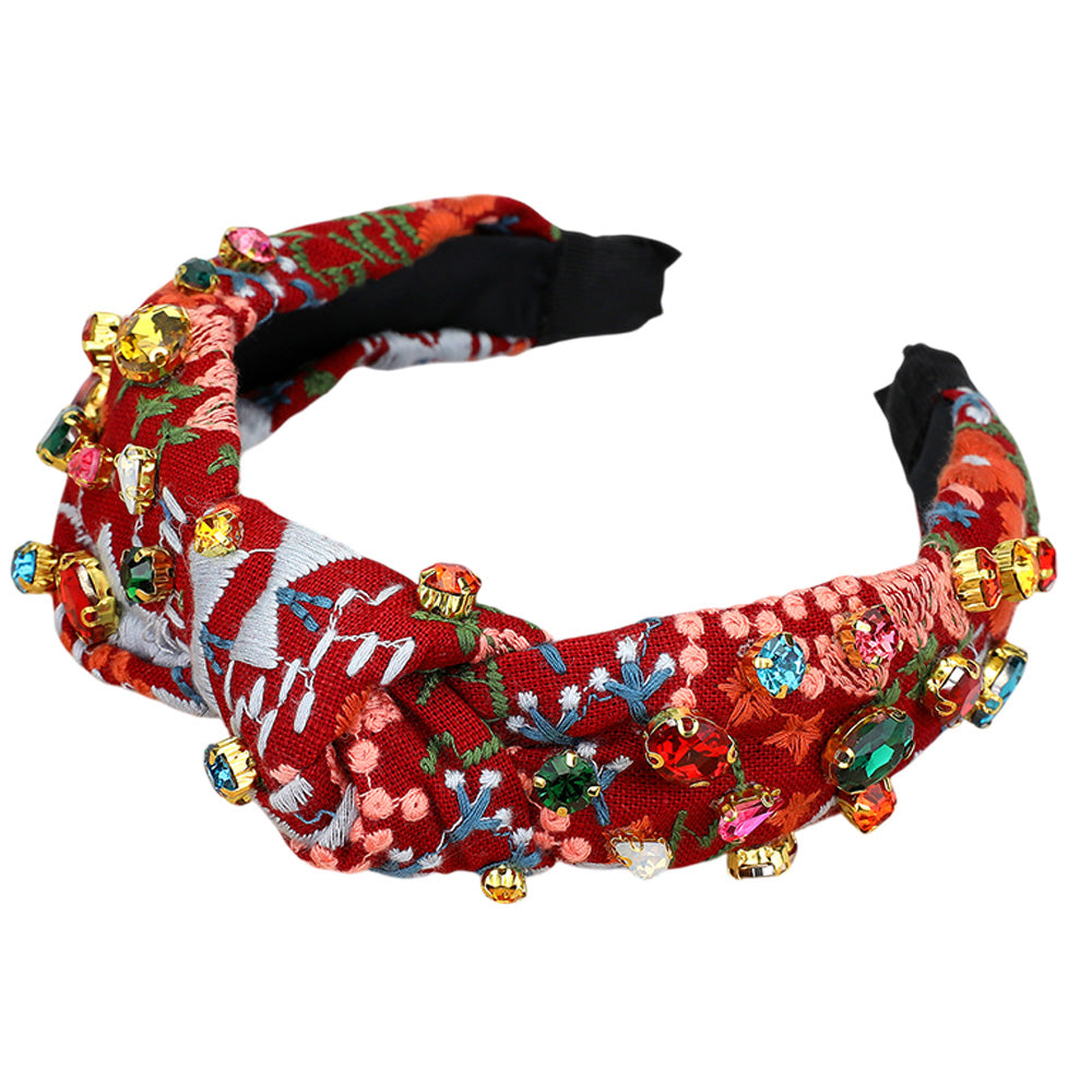 iLLASPARKZ Flower Embroidered Stone Cluster Embellished Knot Headband