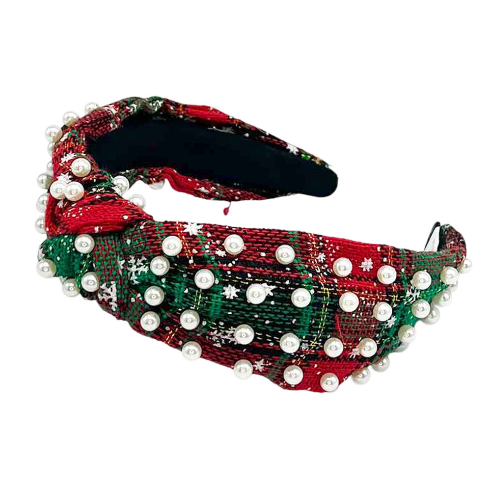 iLLASPARKZ Pearl Embellished Snowflake Printed Checkered Knot Headband