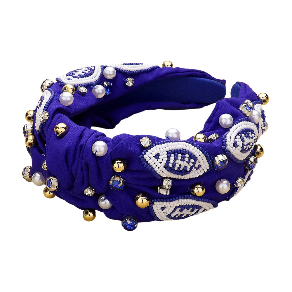 iLLASPARKZ Seed Beaded Football Pearl Stone Cluster Embellished Knot Headband