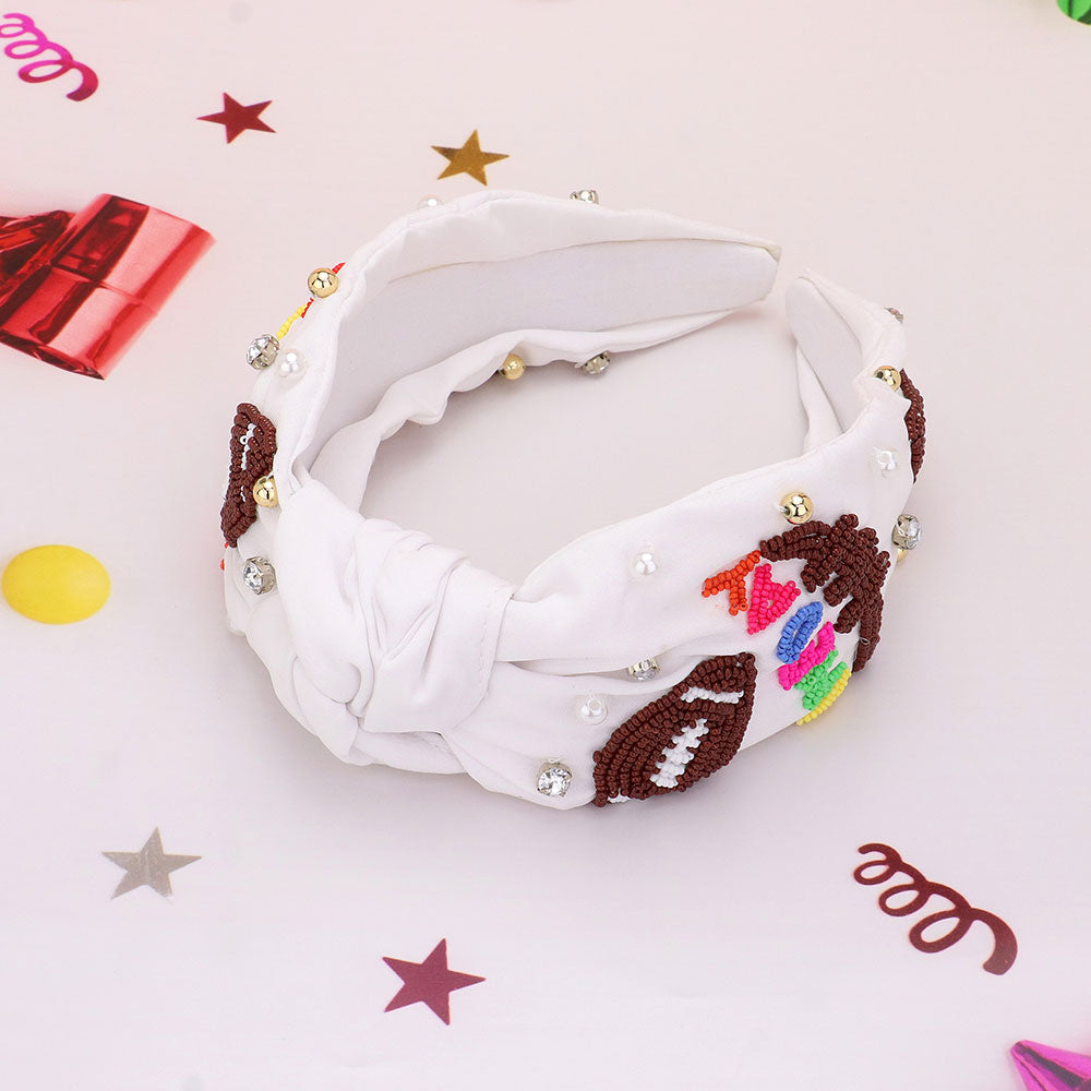 iLLASPARKZ Gameday Football Seed Beaded Pearl Stone Cluster Embellished Knot Headband