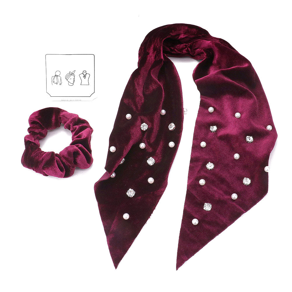 iLLASPARKZ 2PCS - Pearl Round Stone Embellished Velvet Pony Hairband / Scarf