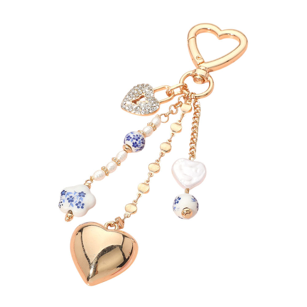iLLASPARKZ Floral Ceramic Pearl Metal Heart Lock Charm Drop Keychain / Bag Charm