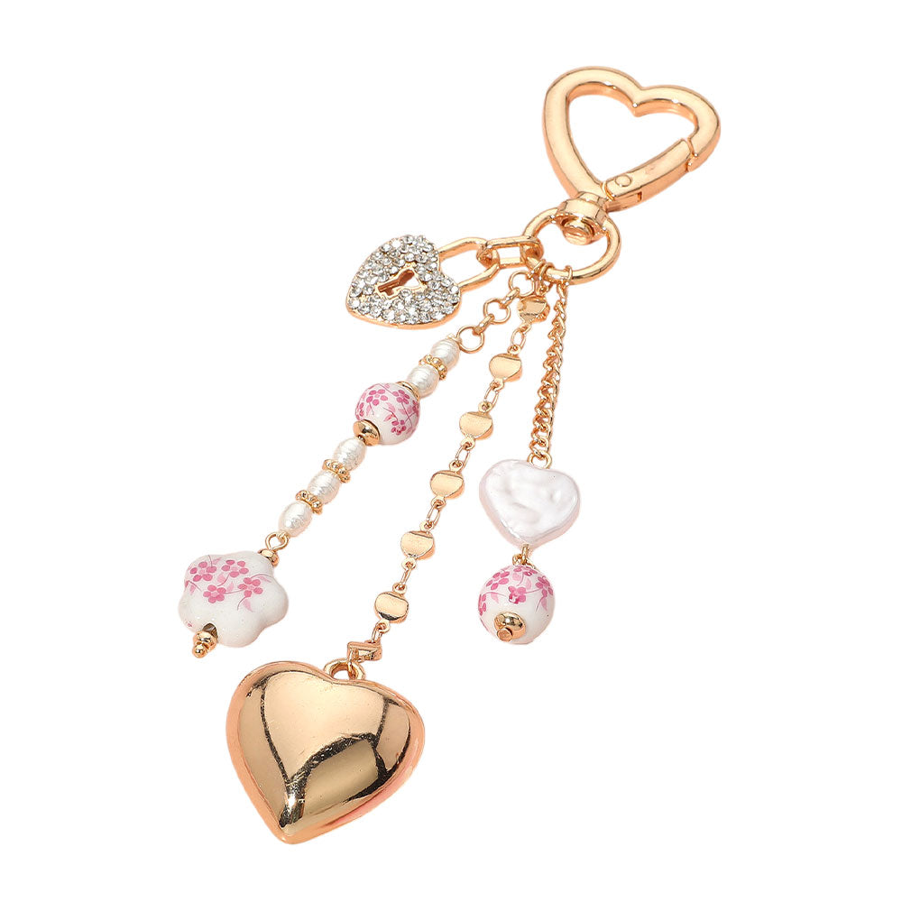 iLLASPARKZ Floral Ceramic Pearl Metal Heart Lock Charm Drop Keychain / Bag Charm
