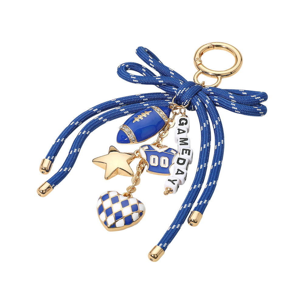 iLLASPARKZ Football Themed Charm GAME DAY Message Beaded Rope Bow Accent Keychain / Bag Charm