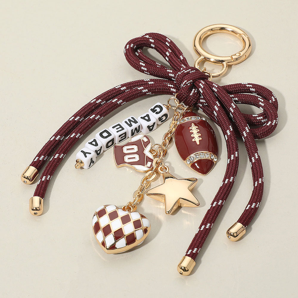 iLLASPARKZ Football Themed Charm GAME DAY Message Beaded Rope Bow Accent Keychain / Bag Charm