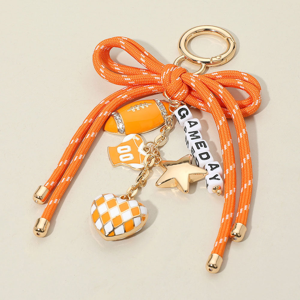 iLLASPARKZ Football Themed Charm GAME DAY Message Beaded Rope Bow Accent Keychain / Bag Charm