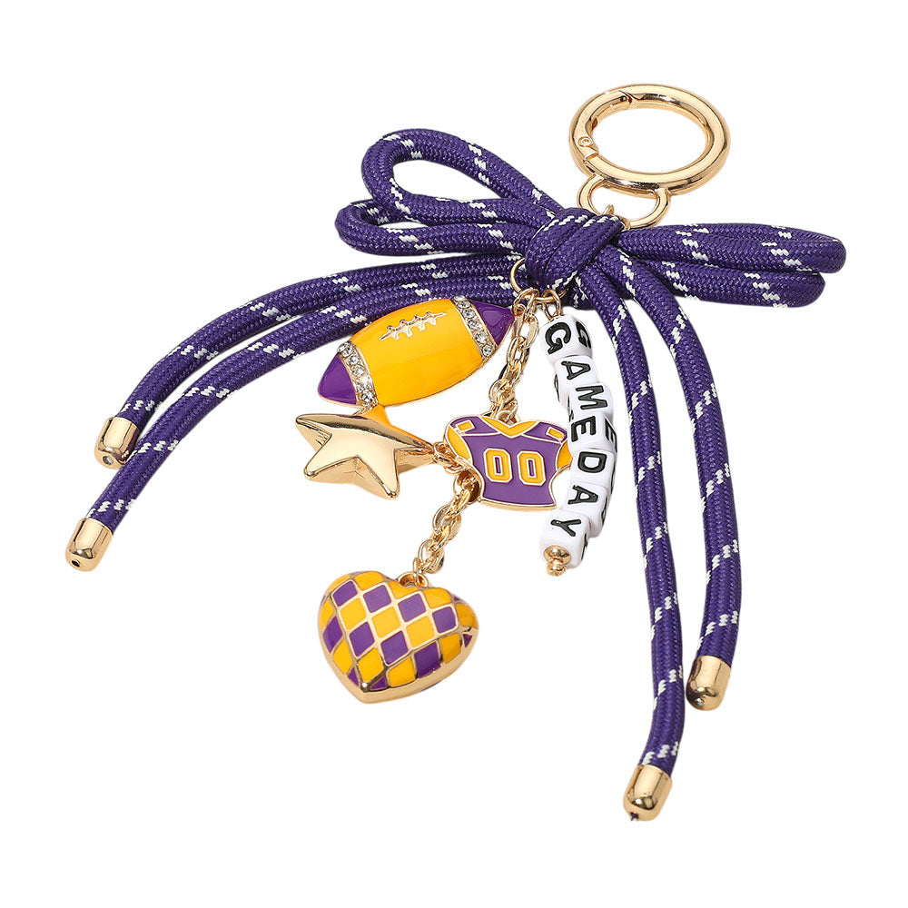 iLLASPARKZ Football Themed Charm GAME DAY Message Beaded Rope Bow Accent Keychain / Bag Charm