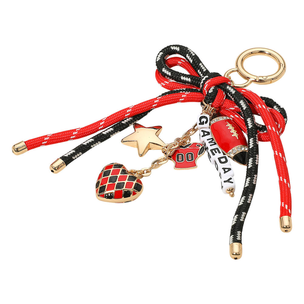 iLLASPARKZ Football Themed Charm GAME DAY Message Beaded Rope Bow Accent Keychain / Bag Charm