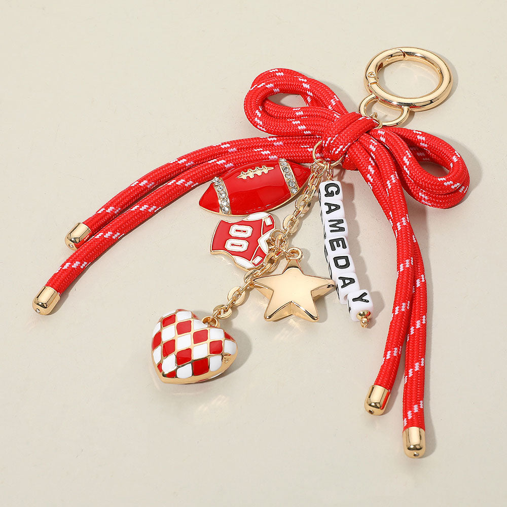 iLLASPARKZ Football Themed Charm GAME DAY Message Beaded Rope Bow Accent Keychain / Bag Charm