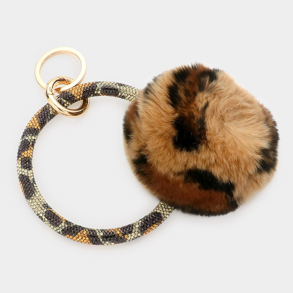 iLLASPARKZ Leopard Pattern Pom Pom Rhinestone Pave Bangle Keychain / Bracelet