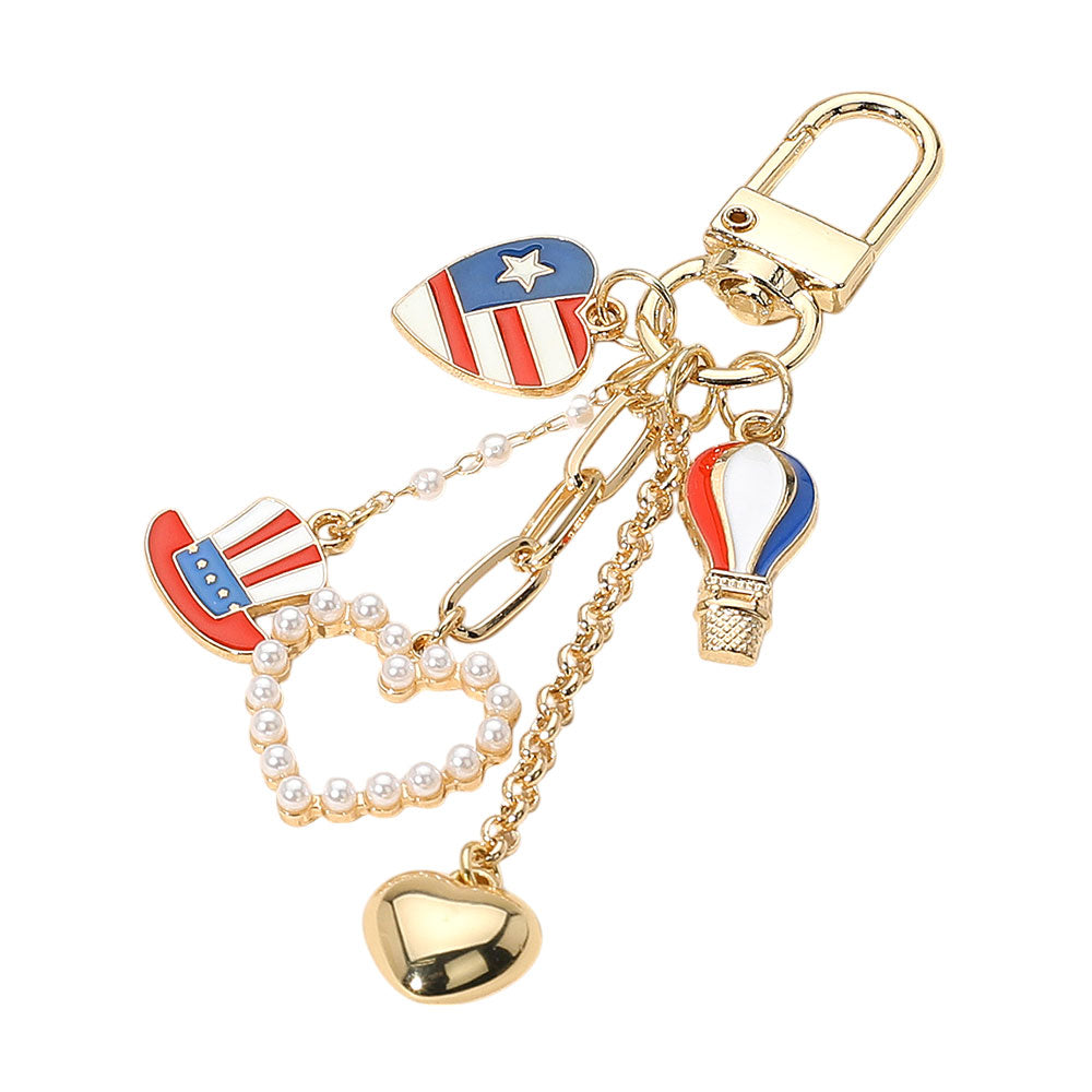 iLLASPARKZ Enamel American USA Flag Hat Balloon Pearl Heart Charm Tip Dangle Keychain / Bag Charm