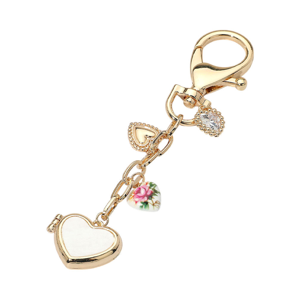 iLLASPARKZ Mother of Pearl Heart Locket Floral Ceramic Ball Charm Drop Keychain / Bag Charm
